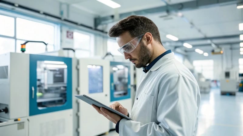 An engineer analyzing specifications on a tablet in a manufacturing facility