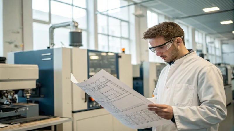 An engineer examining a blueprint in a manufacturing facility