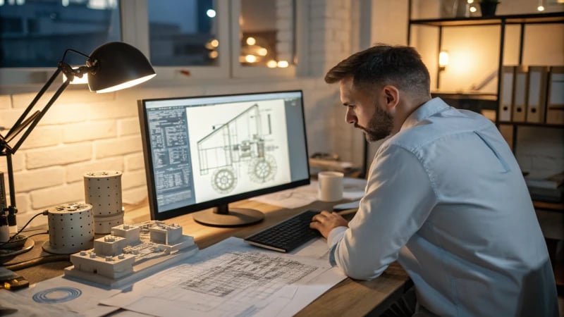 Engineer focused on CAD software in an office