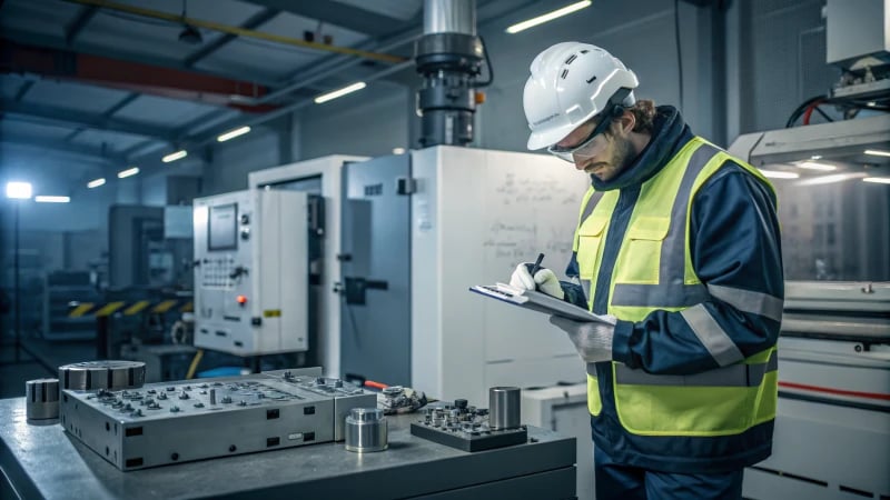 Engineer examining an injection mold in a manufacturing facility