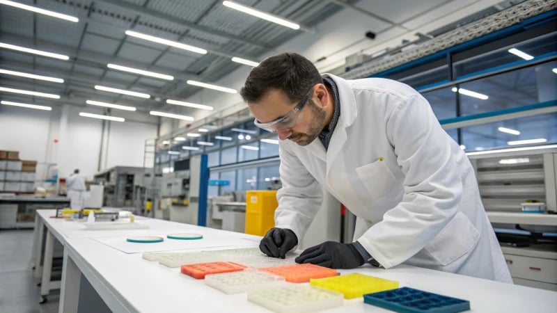 A professional engineer analyzing plastic samples in a laboratory