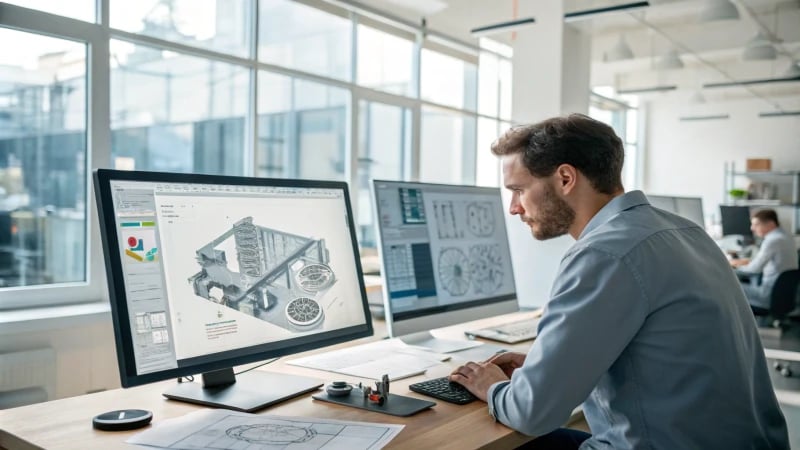 Engineer reviewing injection molding designs on a computer