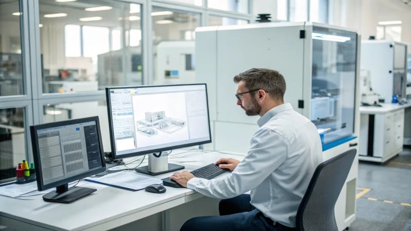 Professional engineer analyzing mold flow analysis results on a computer