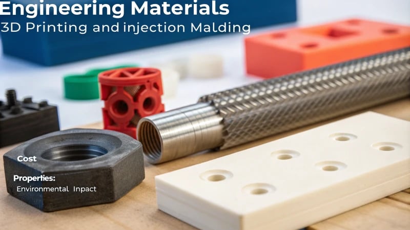 Collage of engineering materials for 3D printing and injection molding