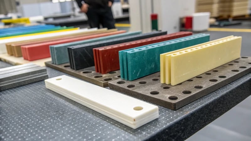 Close-up view of various engineering plastics on a textured surface.