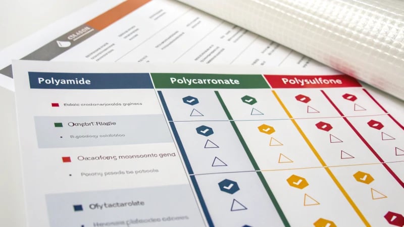 Comparison chart of engineering plastics including polyamide, polycarbonate, and polysulfone