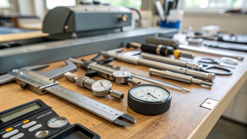 A well-lit workbench with high-precision engineering tools