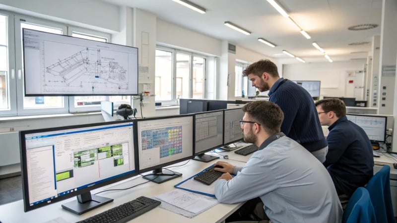 A group of engineers analyzing data in a modern lab