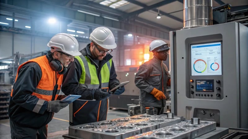 Engineers collaborating in a high-tech manufacturing facility