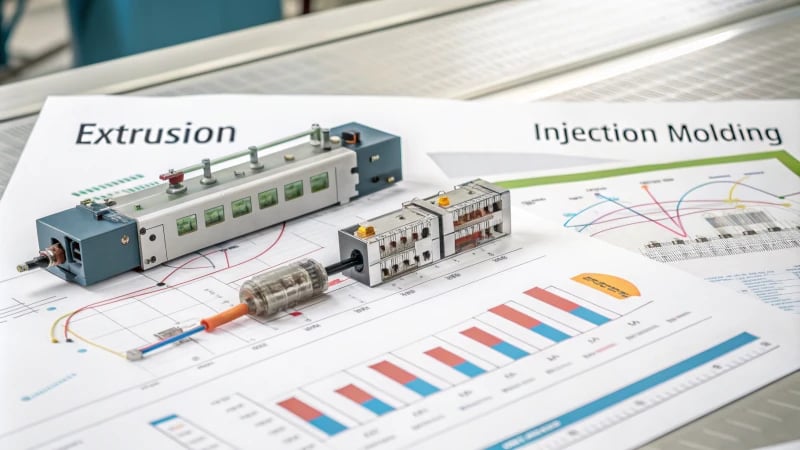 Illustration comparing extrusion and injection molding processes
