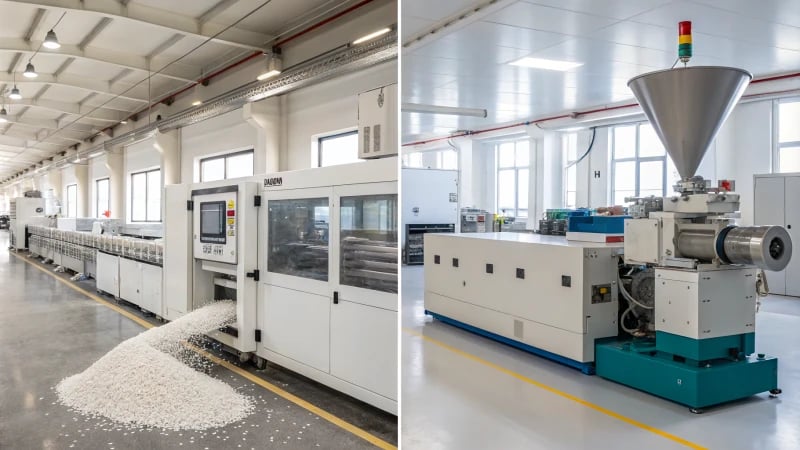 Extrusion and injection molding machines in a manufacturing facility