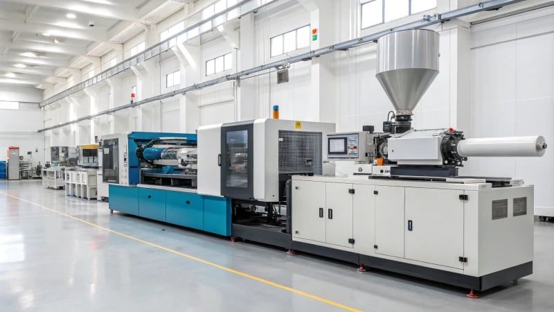 Close-up of an industrial injection molding machine in action
