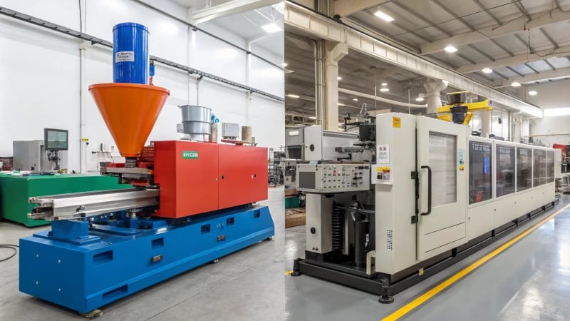 A side-by-side comparison of extrusion and injection molding processes in a factory.