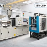 Technical illustration comparing extrusion and injection molding processes