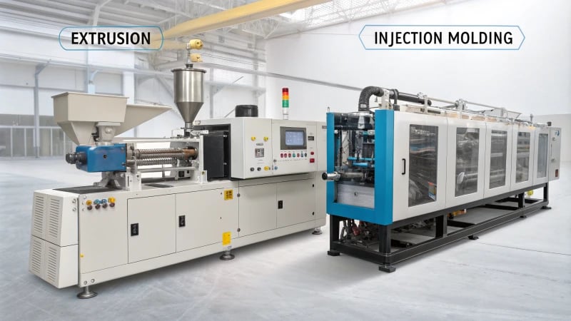 Technical illustration comparing extrusion and injection molding processes