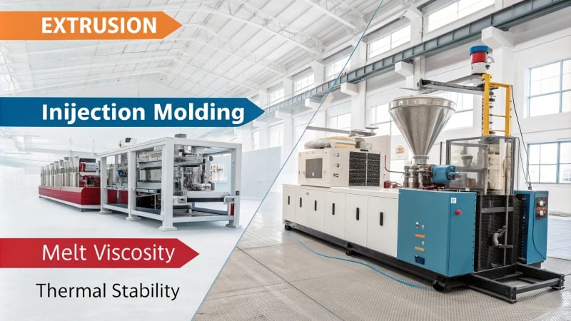 Infographic comparing extrusion and injection molding processes in plastics manufacturing.