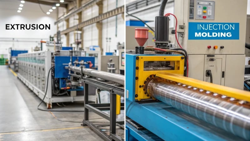 Side-by-side comparison of injection molding and extrusion processes in manufacturing.