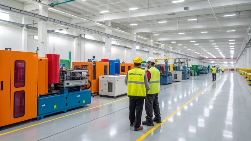 Workers monitoring extrusion molding machines in a factory