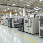A clean and organized factory floor with injection molding machines