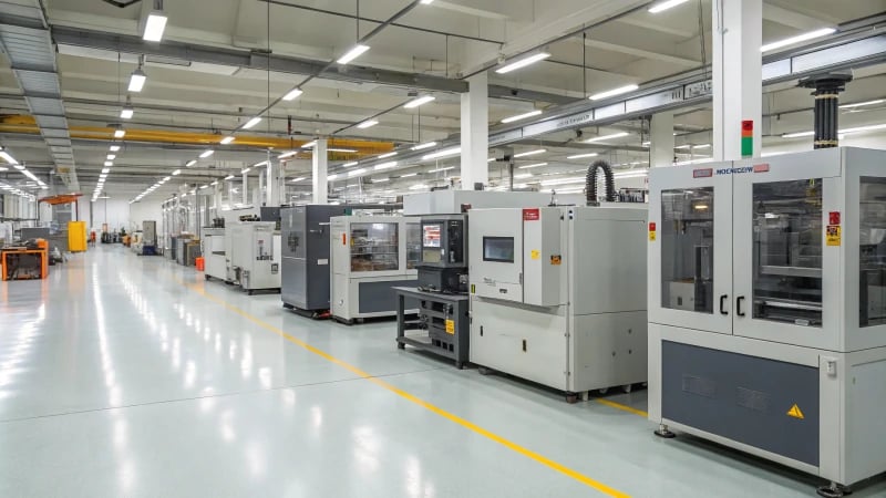 A clean and organized factory floor with injection molding machines