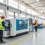 A modern factory interior with workers monitoring an injection molding machine.