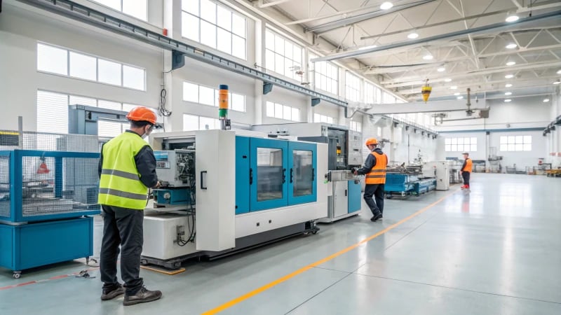 A modern factory interior with workers monitoring an injection molding machine.