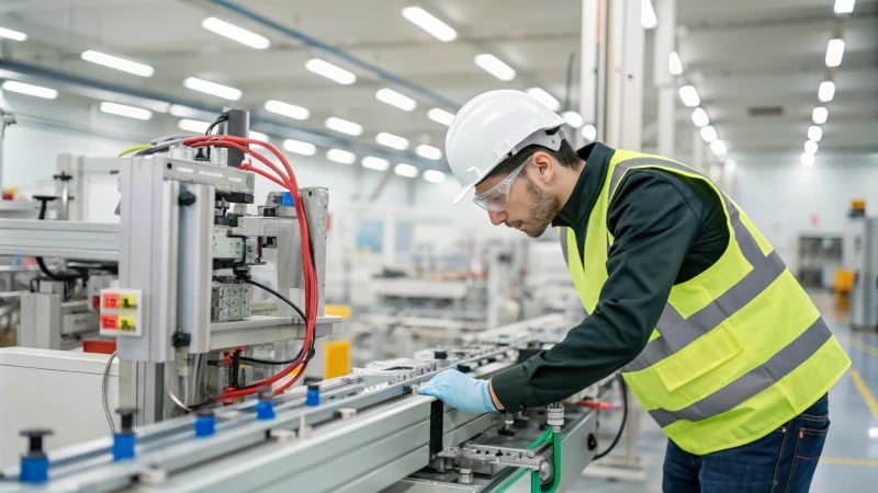 A factory worker inspecting a machine on the production line