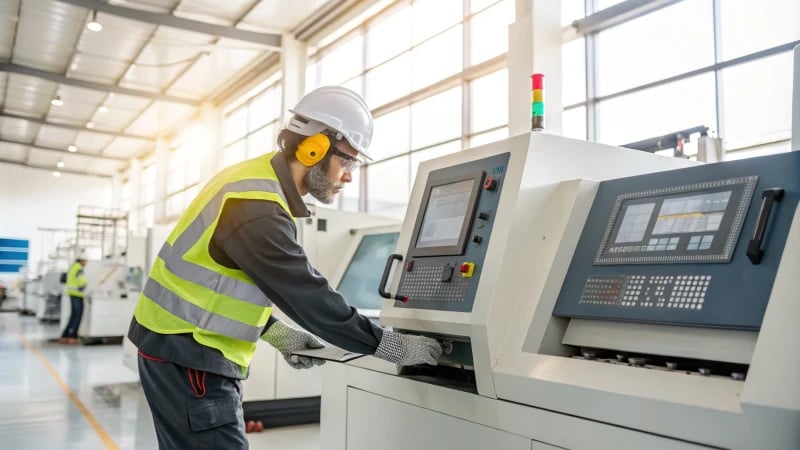 A factory worker inspecting advanced machinery