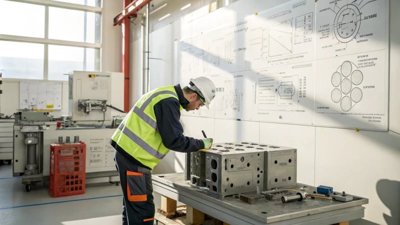 A factory worker inspecting a large industrial mold with technical diagrams in the background.