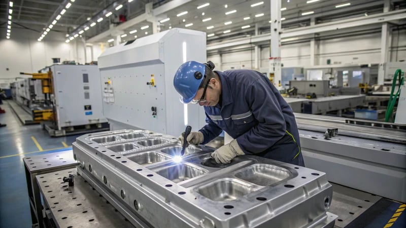 A factory worker performing maintenance on a large metal mold.