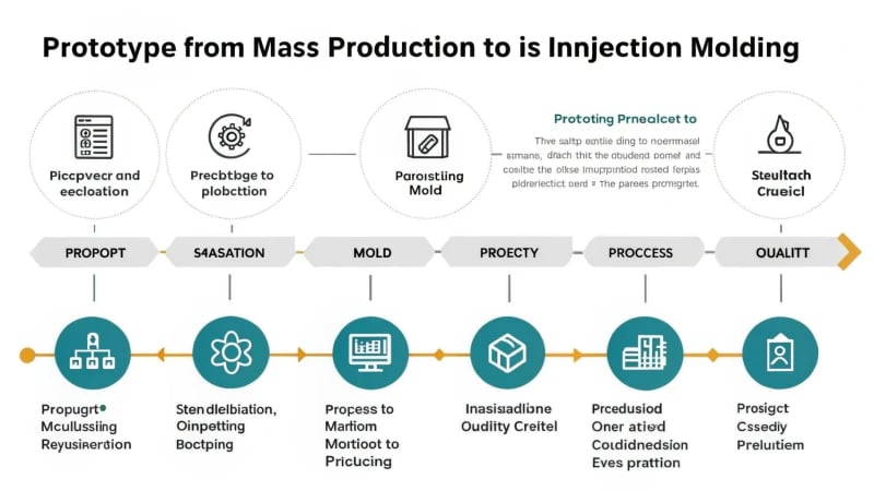 Flowchart depicting the transition from prototype to mass production in injection molding