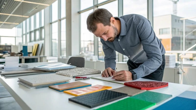 An engineer examining various materials in a modern workspace