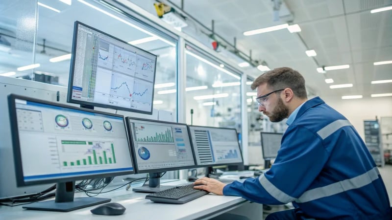 Engineer analyzing data in a modern workspace