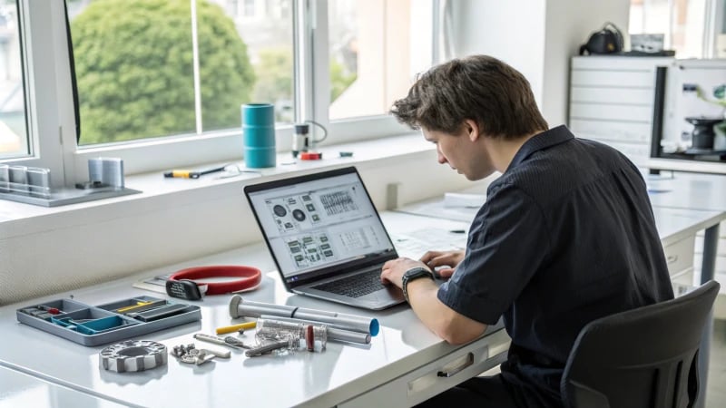 Individual researching on a laptop at a sleek desk with manufacturing tools