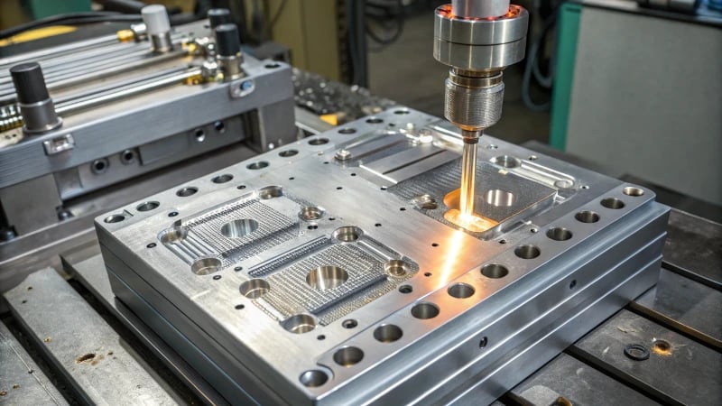 Close-up of a high-precision injection mold in a workshop