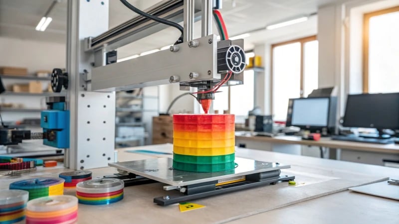 A high-tech 3D printer in a bright workshop printing a colorful object.