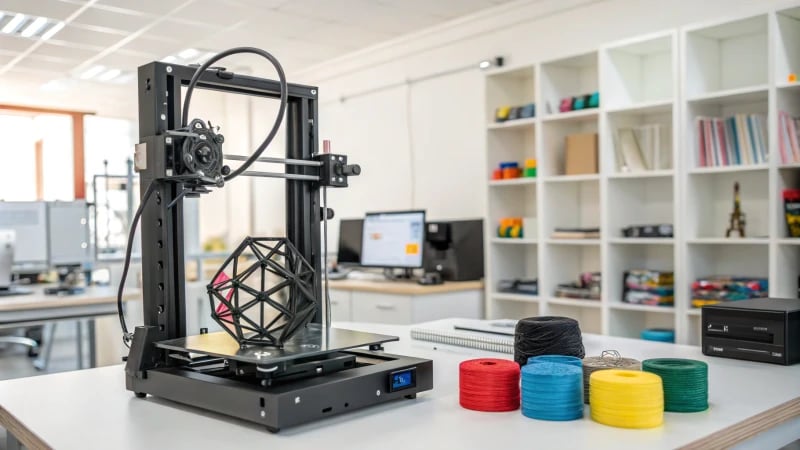 A high-tech 3D printer in action, creating a geometric object in a modern workshop.