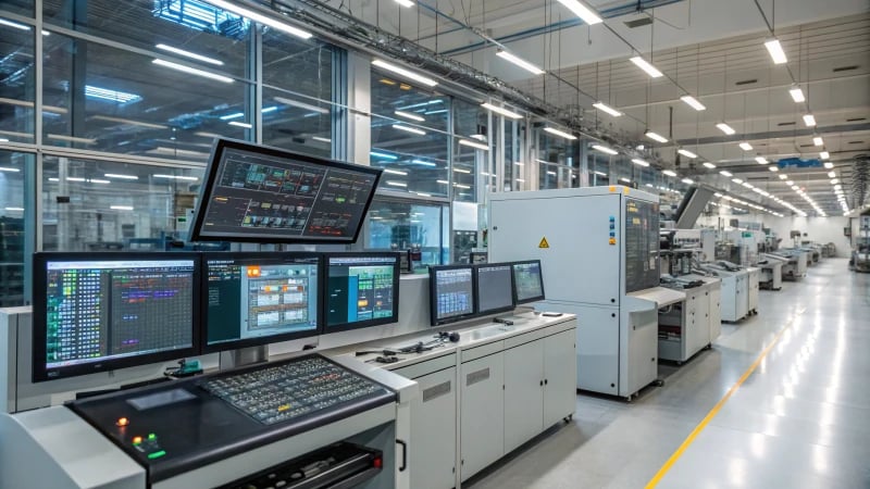 A high-tech industrial control room with advanced machinery and digital screens displaying data.