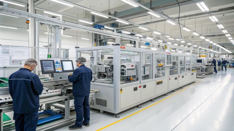 High-tech industrial production line with workers monitoring machinery