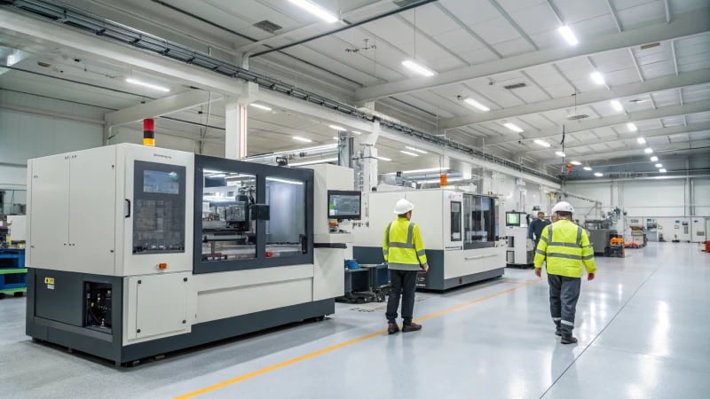 High-tech injection molding factory with machines and workers