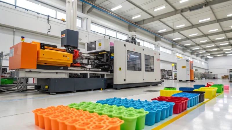 Injection molding machine in a factory setting