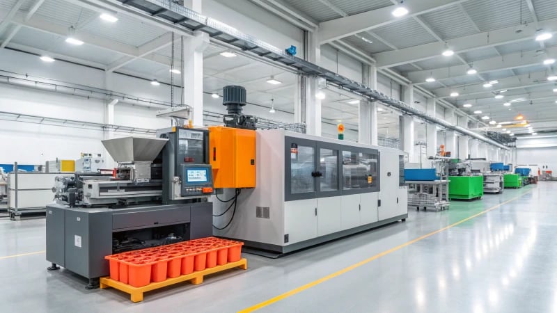 Automated injection molding machine in a modern factory
