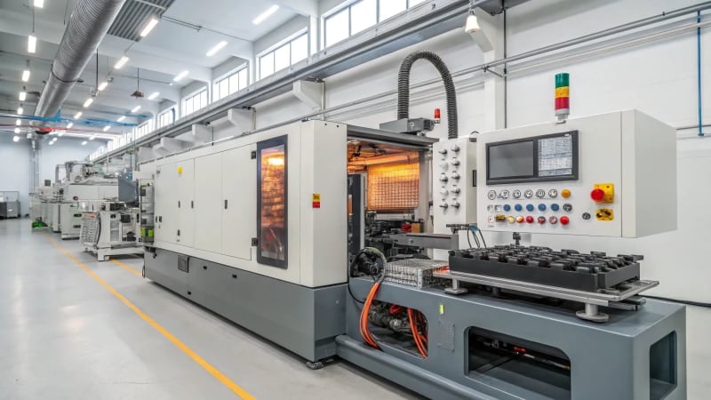 High-tech injection molding machine in an industrial environment