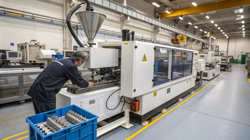 Injection Molding Machine in Action High-tech injection molding machine in a factory