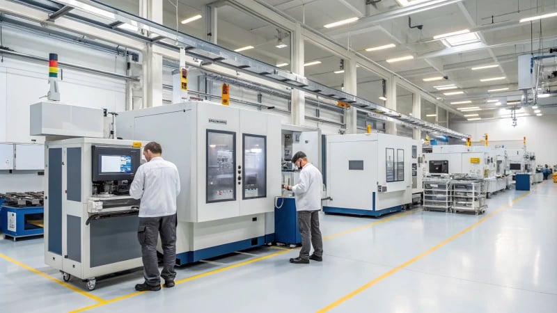 Technicians monitoring advanced molding machines in a clean manufacturing facility