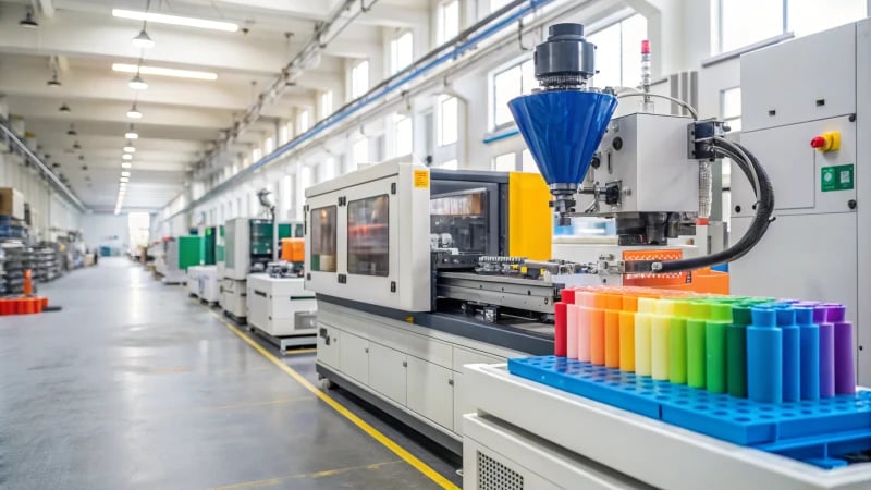 A skilled technician operating an injection molding machine in a well-lit industrial workspace.