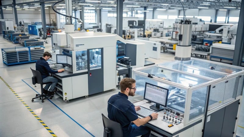 Engineers working in a high-tech manufacturing facility