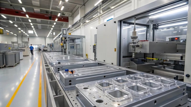 High-tech manufacturing facility with engineers observing a mold system