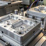 Close-up of a high-tech plastic injection mold with shiny metallic surfaces