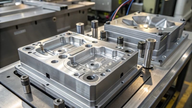 Close-up of a high-tech plastic injection mold with shiny metallic surfaces